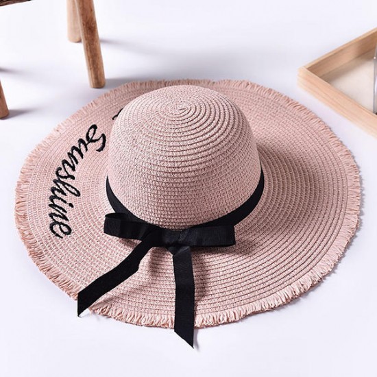 Women Summer Wide Brim Beach Straw Hat Outdoor Embroidery Letter Sunscreen Hat