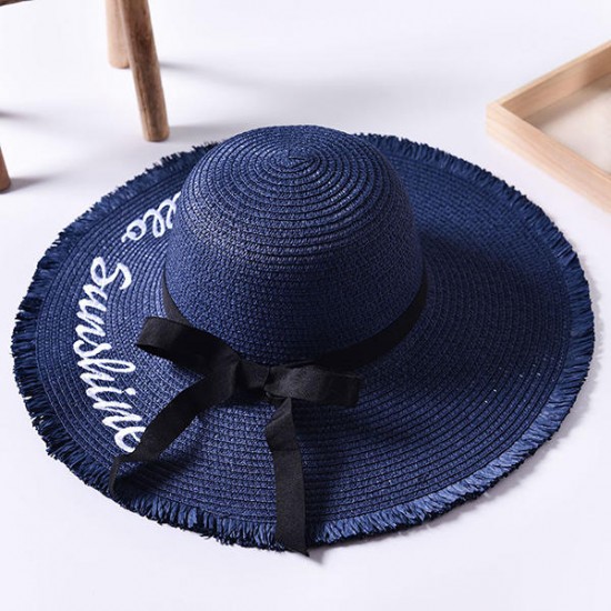 Women Summer Wide Brim Beach Straw Hat Outdoor Embroidery Letter Sunscreen Hat