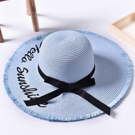 Women Summer Wide Brim Beach Straw Hat Outdoor Embroidery Letter Sunscreen Hat