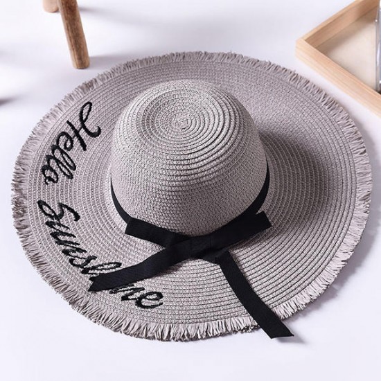 Women Summer Wide Brim Beach Straw Hat Outdoor Embroidery Letter Sunscreen Hat