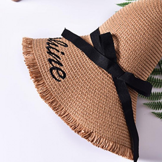 Women Summer Wide Brim Beach Straw Hat Outdoor Embroidery Letter Sunscreen Hat