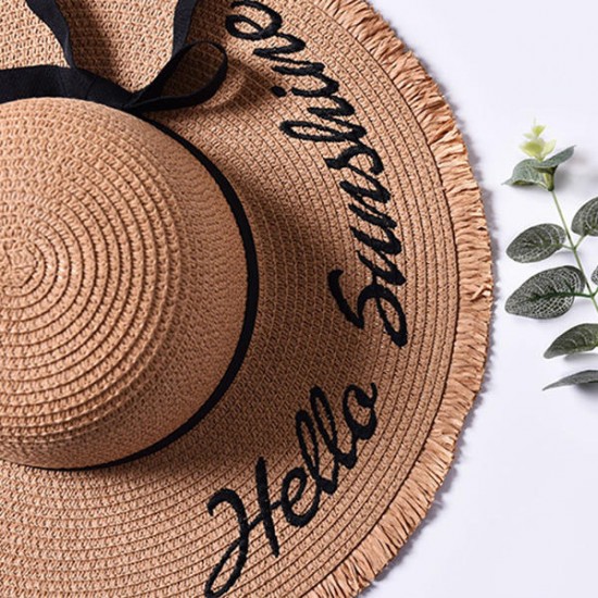 Women Summer Wide Brim Beach Straw Hat Outdoor Embroidery Letter Sunscreen Hat