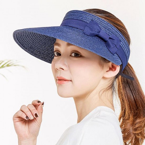 Women Summer Wide Brim Bowknot Bucket Cap Removable Top Sunshade Outdoor Straw Hat