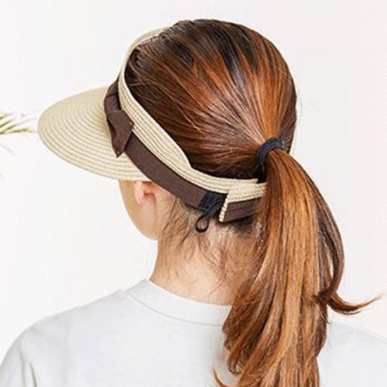 Women Summer Wide Brim Bowknot Bucket Cap Removable Top Sunshade Outdoor Straw Hat