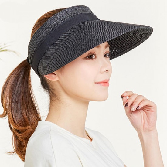 Women Summer Wide Brim Bowknot Bucket Cap Removable Top Sunshade Outdoor Straw Hat