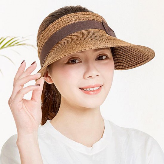 Women Summer Wide Brim Bowknot Bucket Cap Removable Top Sunshade Outdoor Straw Hat