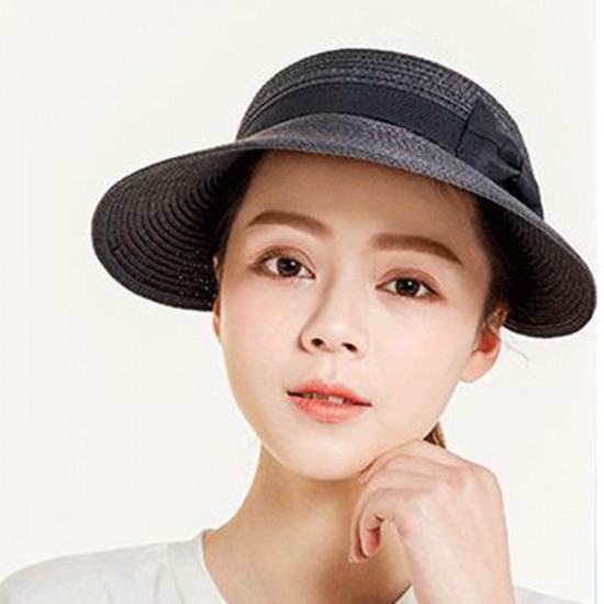 Women Summer Wide Brim Bowknot Bucket Cap Removable Top Sunshade Outdoor Straw Hat