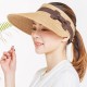 Women Summer Wide Brim Bowknot Bucket Cap Removable Top Sunshade Outdoor Straw Hat