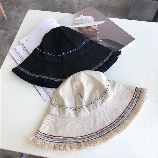 Women Summer Wide Brim Causal Basin Cap Folk-Custom Tassel Fashion Fisherman Hat