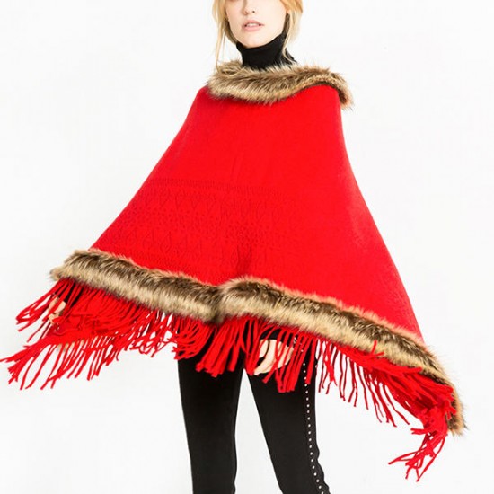 Women Tassel Solid Fur Poncho With Hood Warm Scarves Cloak Shawl Fashion Fur Hooded Shawl