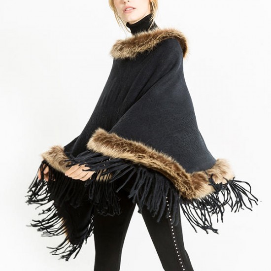 Women Tassel Solid Fur Poncho With Hood Warm Scarves Cloak Shawl Fashion Fur Hooded Shawl