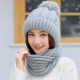 Women Thicken Siamese Knit Beanie Hat Scarf Winter Windproof Earmuffs Ski Cap