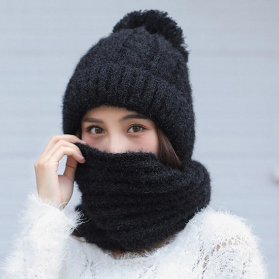 Women Thicken Siamese Knit Beanie Hat Scarf Winter Windproof Earmuffs Ski Cap