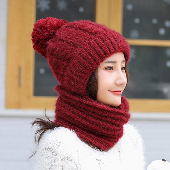 Women Thicken Siamese Knit Beanie Hat Scarf Winter Windproof Earmuffs Ski Cap