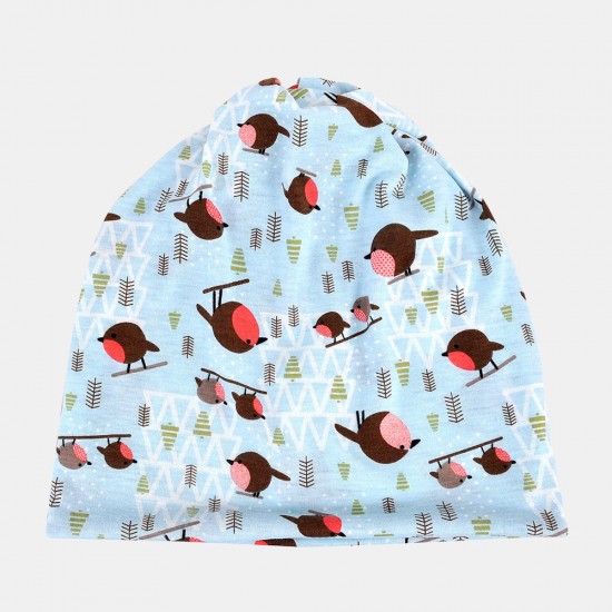 Women Turban Bib Dual-purpose Thin Cotton Bird Pattern Beanie Hat