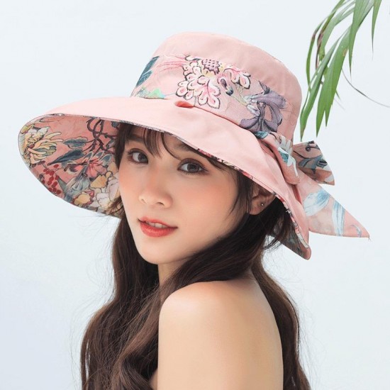 Women UV Protection Floral Bandaged Large Brim Sun Hat Vintage Lady Bucket Cap