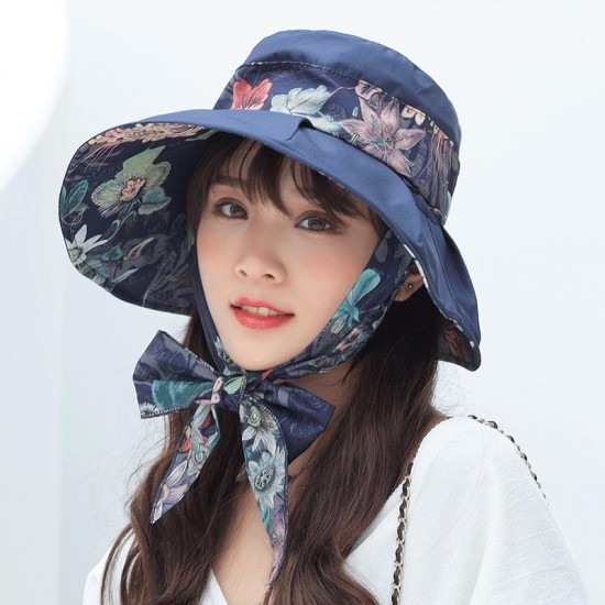 Women UV Protection Floral Bandaged Large Brim Sun Hat Vintage Lady Bucket Cap