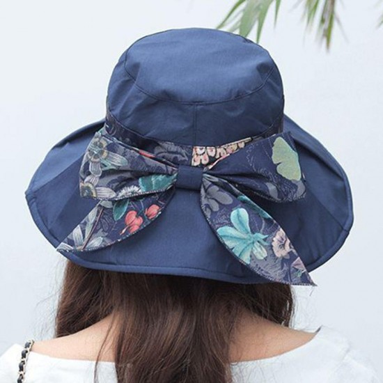 Women UV Protection Floral Bandaged Large Brim Sun Hat Vintage Lady Bucket Cap