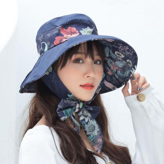 Women UV Protection Floral Bandaged Large Brim Sun Hat Vintage Lady Bucket Cap