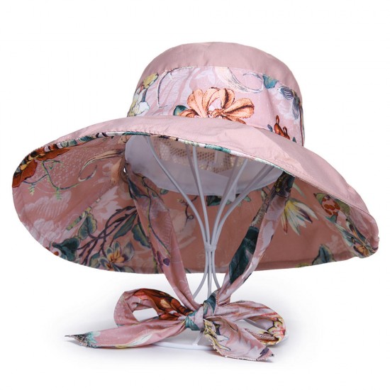 Women UV Protection Floral Bandaged Large Brim Sun Hat Vintage Lady Bucket Cap