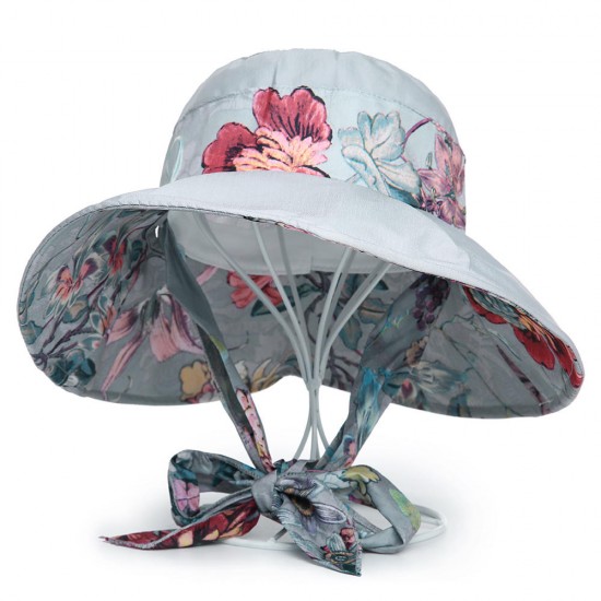 Women UV Protection Floral Bandaged Large Brim Sun Hat Vintage Lady Bucket Cap