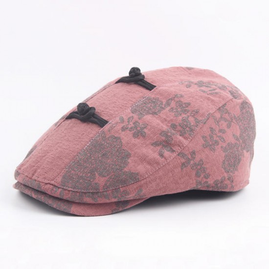 Women Vintage Chinese Style Beret Cap Cotton Flower Printing Sunshade Visor Forward Hat