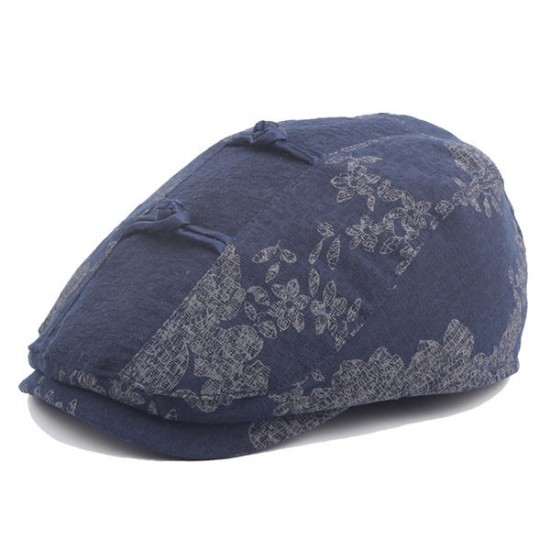 Women Vintage Chinese Style Beret Cap Cotton Flower Printing Sunshade Visor Forward Hat