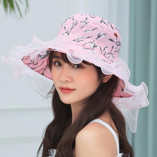 Women Vintage Cotton UV Protection Floral Bandaged Large Brim Sun Hat with Lace