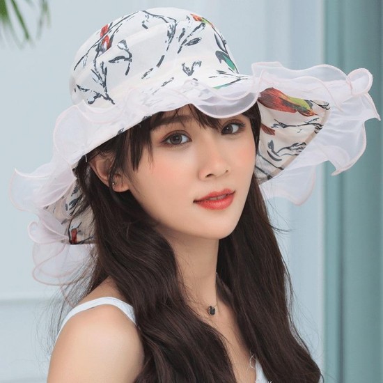 Women Vintage Cotton UV Protection Floral Bandaged Large Brim Sun Hat with Lace