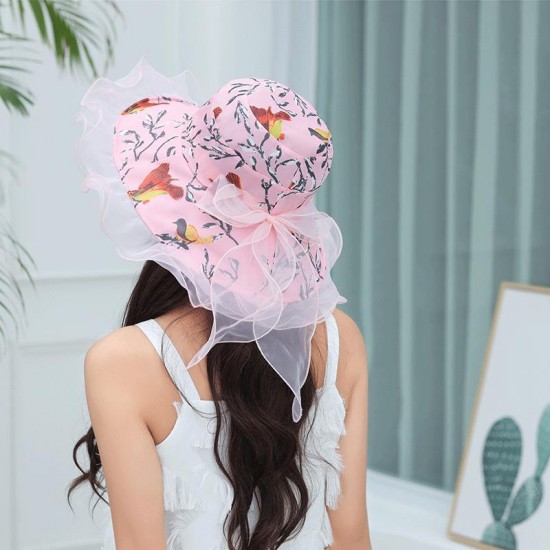 Women Vintage Cotton UV Protection Floral Bandaged Large Brim Sun Hat with Lace