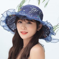 Women Vintage Cotton UV Protection Floral Bandaged Large Brim Sun Hat with Lace