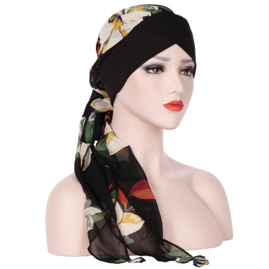 Women Vintage Floral Bandaged Turban Hat Double-Sided Bohemia Headscarf