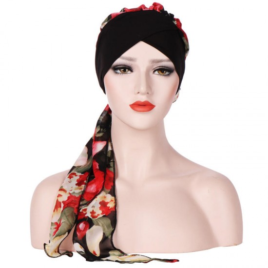 Women Vintage Floral Bandaged Turban Hat Double-Sided Bohemia Headscarf