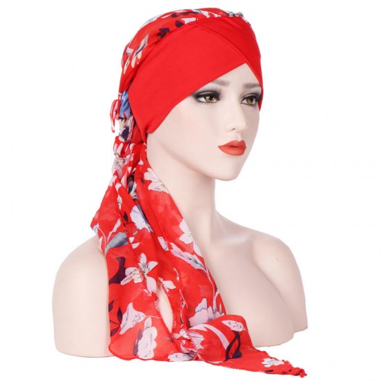 Women Vintage Floral Bandaged Turban Hat Double-Sided Bohemia Headscarf