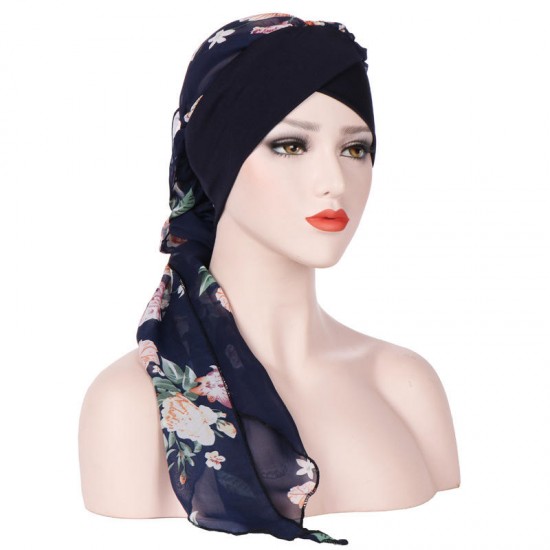 Women Vintage Floral Bandaged Turban Hat Double-Sided Bohemia Headscarf