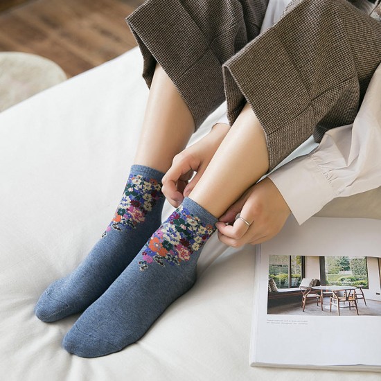 Women Vintage Floral Cotton Breathable Sweat Tube Socks Deodorization Crew Sock