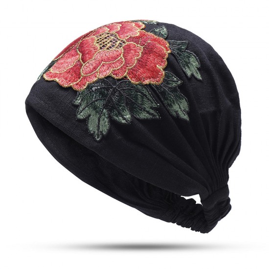 Women Vintage Floral Embroidered Beanie Caps Outdoor Good Elastic Turban Hat