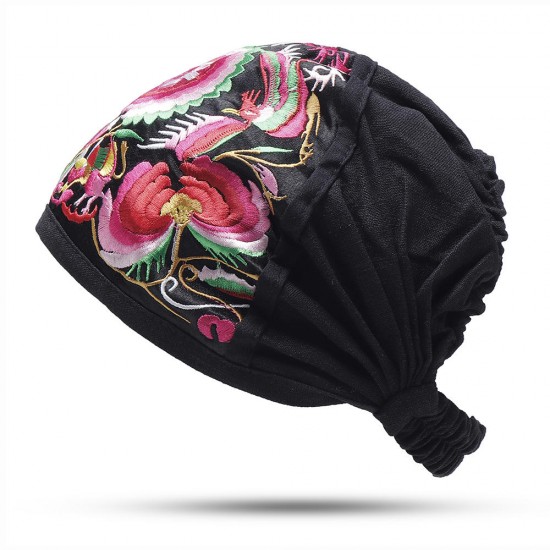 Women Vintage Floral Embroidered Beanie Caps Outdoor Good Elastic Turban Hat