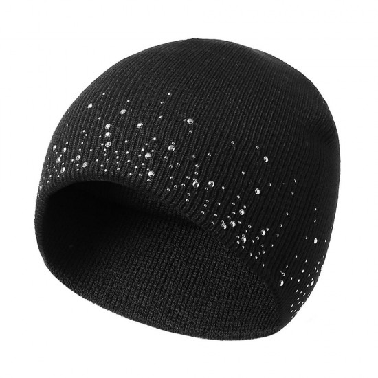 Women Vintage Knit Double Layers Earmuffs Beanie Cap Outdoor Rhinestone Ski Skull Cap