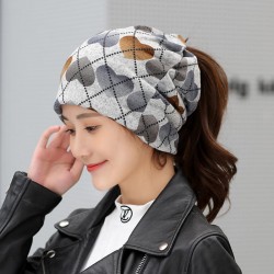 Women Vintage Multi-purpose Plaid Earmuffs Beanie Cap Scarf Outdoor Double Layers Skullcap