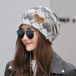 Women Vintage Multi-purpose Plaid Earmuffs Beanie Cap Scarf Outdoor Double Layers Skullcap