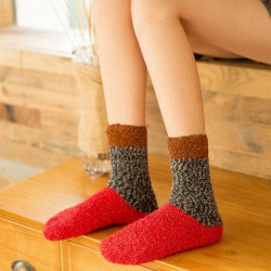 Women Vintage Patchwork Indoor Coral Fleece Floor Socks Lady Warm Tube Socks