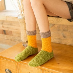 Women Vintage Patchwork Indoor Coral Fleece Floor Socks Lady Warm Tube Socks
