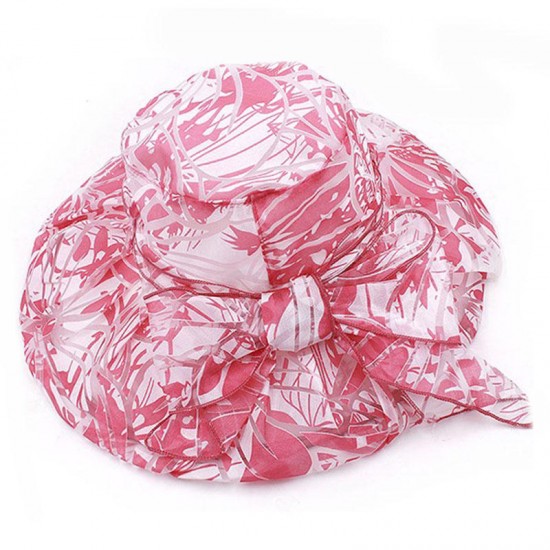 Women Vintage Polyester Floral Transparent Wide Brimmed Bucket Hat Sun Protection Fisherman Cap