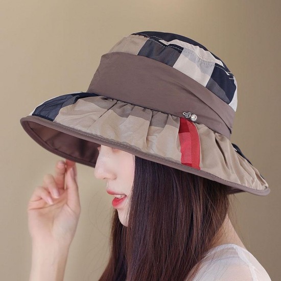 Women Vintage Polyester UV Protection Bucket Cap Outdoor Large Brim Sun Fishing Hat