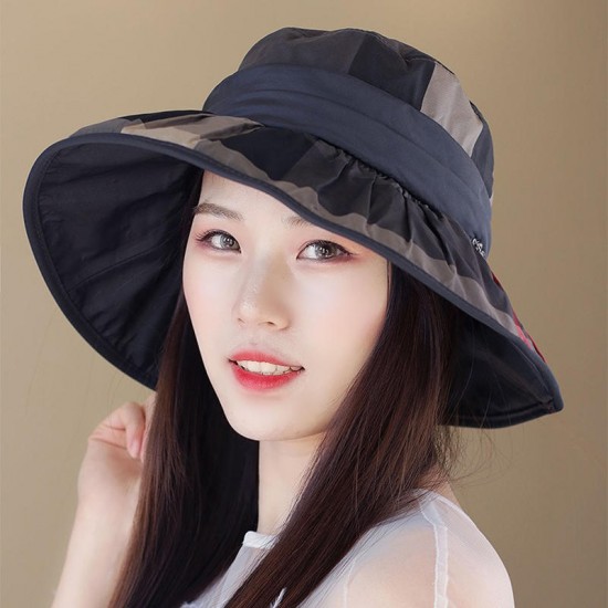 Women Vintage Polyester UV Protection Bucket Cap Outdoor Large Brim Sun Fishing Hat