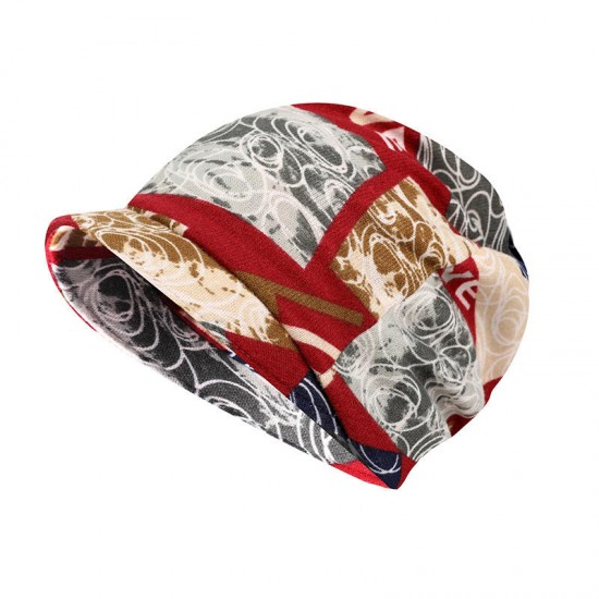 Women Vintage Print Short Brimmed Beret Hat Winter Cotton Earmuffs Turban Caps