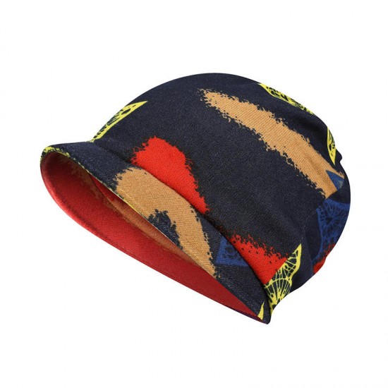 Women Vintage Print Short Brimmed Beret Hat Winter Cotton Earmuffs Turban Caps