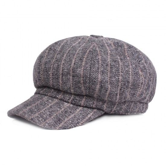 Women Vintage Winter Stripe Cotton Flat Hat Outdoor Casual Warm Beret Hats