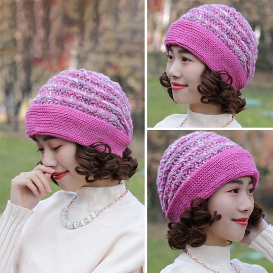 Women Warm Fleece Lining Hand-Knitted Hat Woollen Beanie Ladies Moms Cap